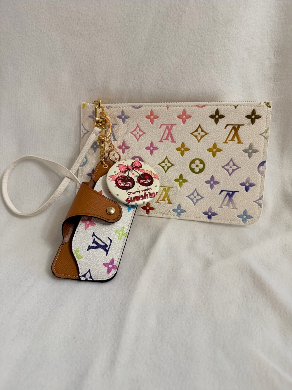 Designer Fashioned  White Multicolor  Wristlet with MirrorCharm and glasses case